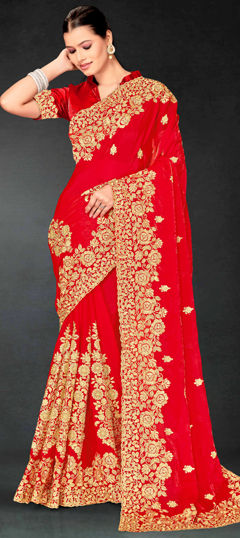 Red and Maroon color Saree in Crushed Silk fabric with Embroidered, Zari work