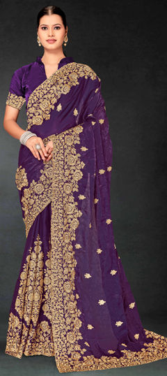 Purple and Violet color Saree in Crushed Silk fabric with Embroidered, Zari work