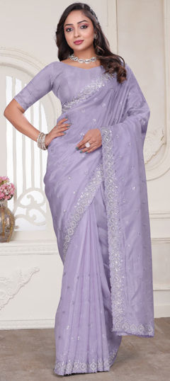 Purple and Violet color Saree in Tissue fabric with Embroidered, Resham, Sequence, Stone, Zircon work