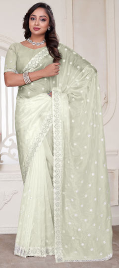 White and Off White color Saree in Tissue fabric with Embroidered, Resham, Sequence, Stone, Zircon work