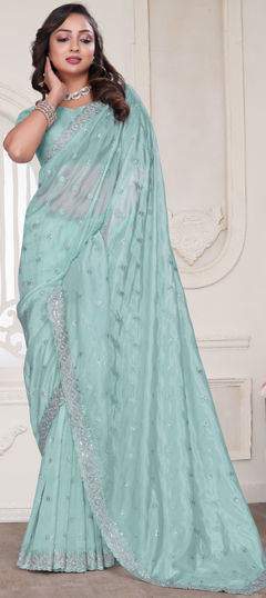 Blue color Saree in Tissue fabric with Embroidered, Resham, Sequence, Stone, Zircon work