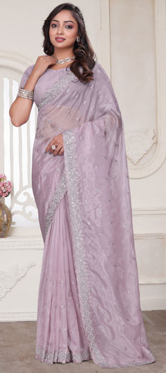 Pink and Majenta color Saree in Tissue fabric with Embroidered, Resham, Sequence, Stone, Zircon work