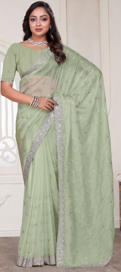 Green color Saree in Tissue fabric with Embroidered, Resham, Sequence, Stone, Zircon work