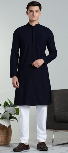 Blue color Kurta Pyjamas in Cotton, Rayon fabric with Embroidered, Thread work