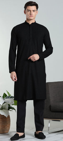 Black and Grey color Kurta Pyjamas in Cotton, Rayon fabric with Embroidered, Thread work