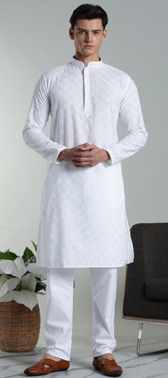 White and Off White color Kurta Pyjamas in Cotton, Rayon fabric with Embroidered, Thread work