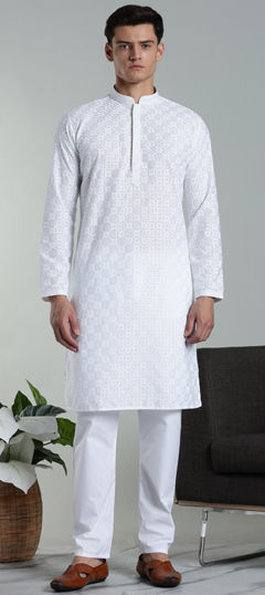 White and Off White color Kurta Pyjamas in Cotton, Rayon fabric with Embroidered, Thread work