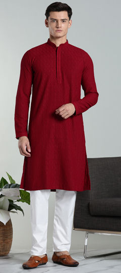 Red and Maroon color Kurta Pyjamas in Cotton, Rayon fabric with Embroidered, Thread work