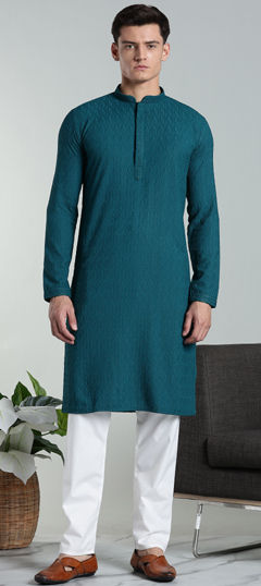 Blue color Kurta Pyjamas in Cotton, Rayon fabric with Embroidered, Thread work