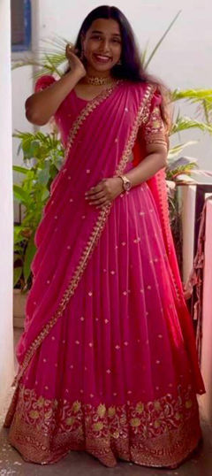 Pink and Majenta color Lehenga in Georgette fabric with Embroidered, Sequence work