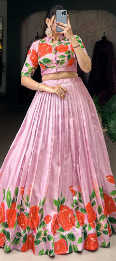 Pink and Majenta color Lehenga in Tussar Silk fabric with Floral, Printed work