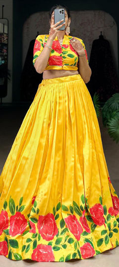 Yellow color Lehenga in Tussar Silk fabric with Floral, Printed work