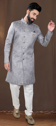 Black and Grey color IndoWestern Dress in Jacquard fabric with Weaving work