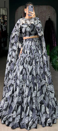 Black and Grey color Lehenga in Silk fabric with Printed work