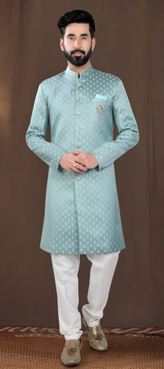 Green color IndoWestern Dress in Jacquard fabric with Weaving work