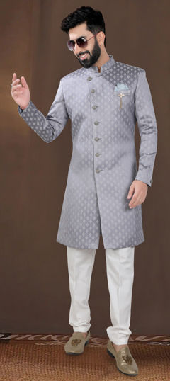Black and Grey color IndoWestern Dress in Jacquard fabric with Weaving work