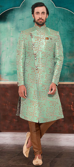 Green color Sherwani in Jacquard fabric with Weaving work
