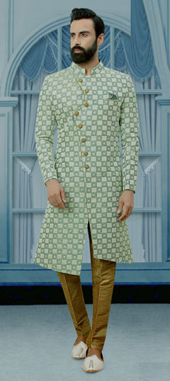 Green color Sherwani in Jacquard fabric with Weaving work