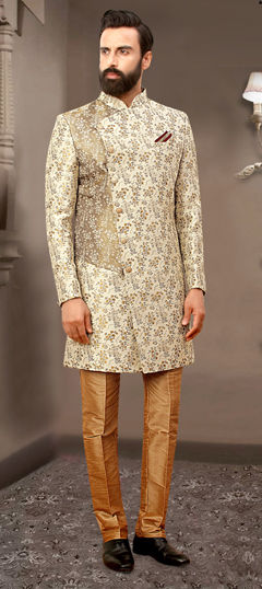 White and Off White color IndoWestern Dress in Jacquard fabric with Weaving work