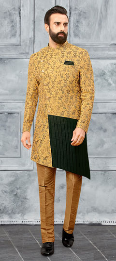 Yellow color IndoWestern Dress in Jacquard fabric with Weaving work