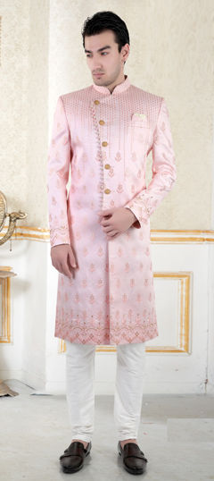 Pink and Majenta color Sherwani in Silk fabric with Embroidered, Sequence work