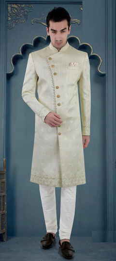 White and Off White color Sherwani in Silk fabric with Embroidered, Sequence work