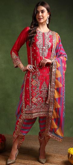 Pink and Majenta color Salwar Kameez in Chinon Silk fabric with Embroidered, Sequence work