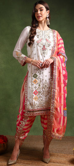 White and Off White color Salwar Kameez in Chinon Silk fabric with Embroidered, Sequence work