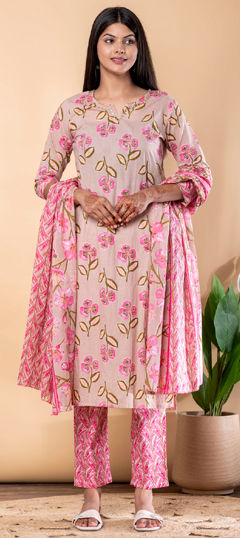 Beige and Brown, Pink and Majenta color Salwar Kameez in Cotton fabric with Floral, Printed, Sequence work