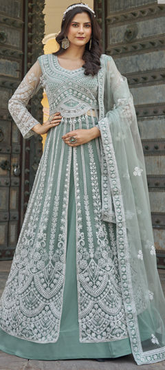 Green color Salwar Kameez in Net fabric with Embroidered, Stone work