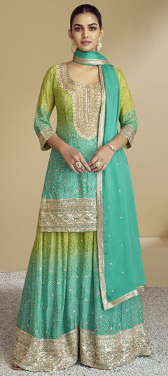 Blue, Green color Salwar Kameez in Chinon Silk fabric with Bandhej, Mirror, Printed, Sequence work