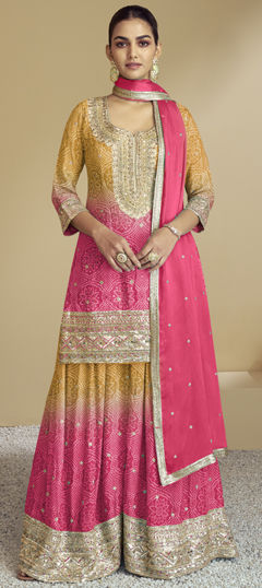 Pink and Majenta, Yellow color Salwar Kameez in Chinon Silk fabric with Bandhej, Mirror, Printed, Sequence work
