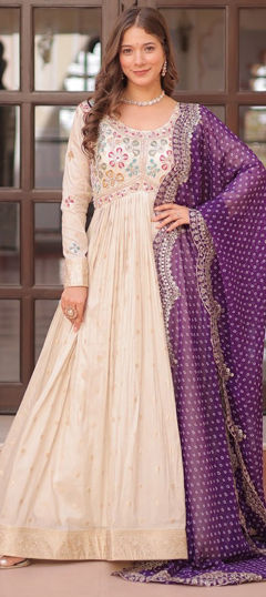 Beige and Brown color Gown in Jacquard fabric with Embroidered, Sequence work