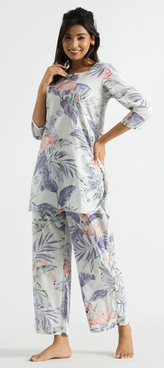 Purple and Violet, White and Off White color Co-ords Set in Cotton fabric with Printed work