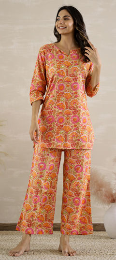 Orange color Co-ords Set in Cotton fabric with Printed work