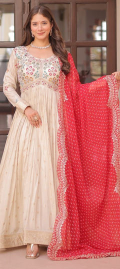 Beige and Brown color Gown in Jacquard fabric with Embroidered, Sequence work
