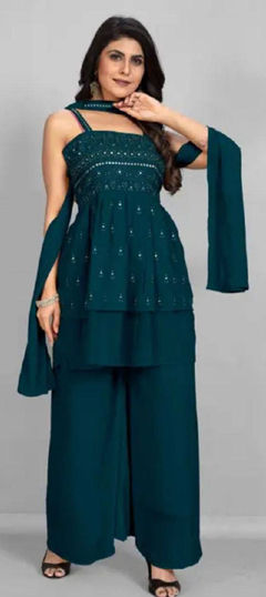 Blue color Salwar Kameez in Faux Georgette fabric with Mirror work