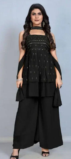 Black and Grey color Salwar Kameez in Faux Georgette fabric with Mirror work