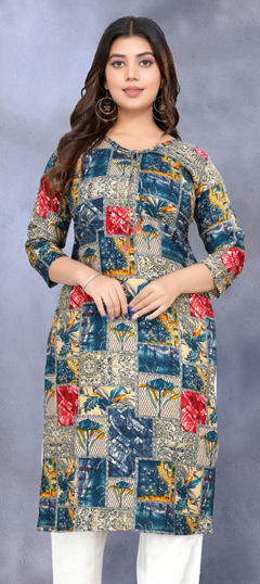 Blue color Kurti in Rayon fabric with Floral, Printed work