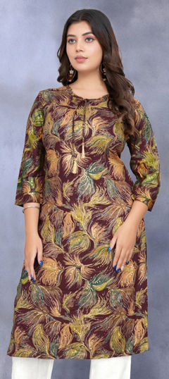 Beige and Brown color Kurti in Rayon fabric with Printed work
