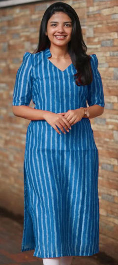 Blue, White and Off White color Kurti in Cotton fabric with Printed work