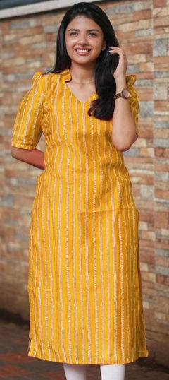 White and Off White, Yellow color Kurti in Cotton fabric with Printed work