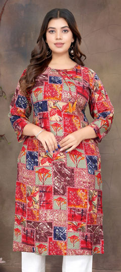 Red and Maroon color Kurti in Rayon fabric with Printed work