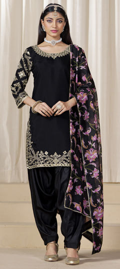 Black and Grey color Salwar Kameez in Roman Silk fabric with Embroidered, Mirror work