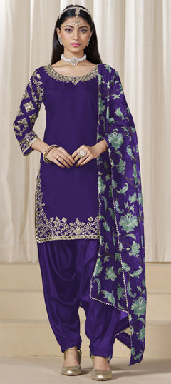 Blue color Salwar Kameez in Roman Silk fabric with Embroidered, Mirror work