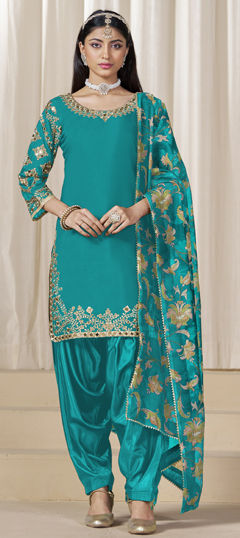 Blue color Salwar Kameez in Roman Silk fabric with Embroidered, Mirror work