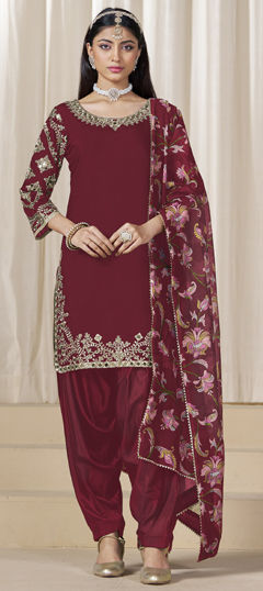 Red and Maroon color Salwar Kameez in Roman Silk fabric with Embroidered, Mirror work