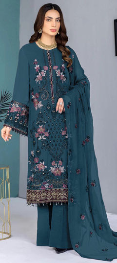 Blue color Salwar Kameez in Faux Georgette fabric with Embroidered, Sequence, Thread work