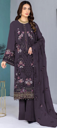 Purple and Violet color Salwar Kameez in Faux Georgette fabric with Embroidered, Sequence, Thread work