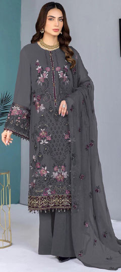 Black and Grey color Salwar Kameez in Faux Georgette fabric with Embroidered, Sequence, Thread work